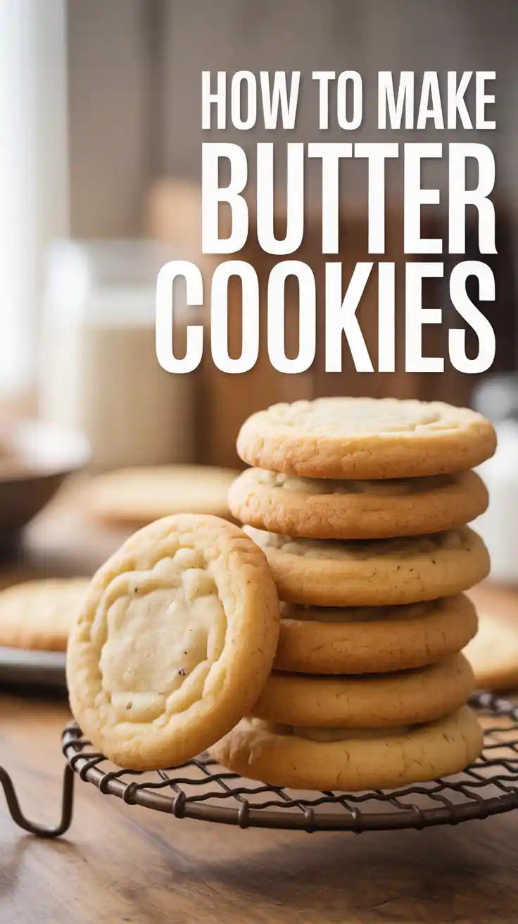 A viral Pinterest pin showing perfectly baked butter cookies with a text overlay that reads: How to Make Butter Cookies.