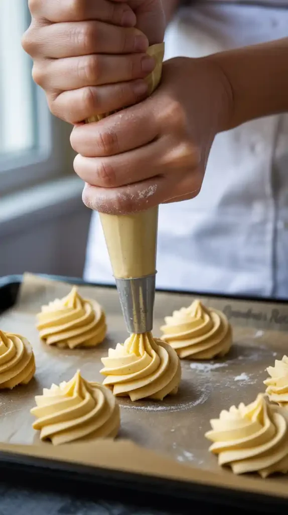 A close-up action shot showing butter cookie dough being piped into a rosette swirl onto a baking sheet.