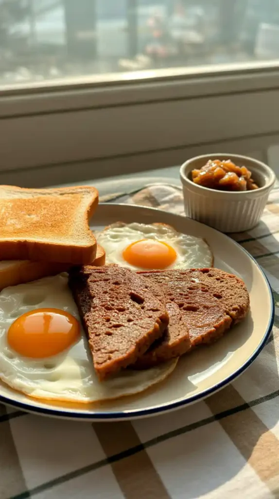 A plated breakfast of crispy air-fried scrapple, fried eggs, and toast, with a side of apple butter