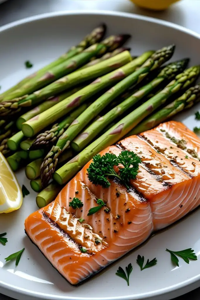 A plated meal of grilled salmon served with a side of healthy air fryer asparagus.