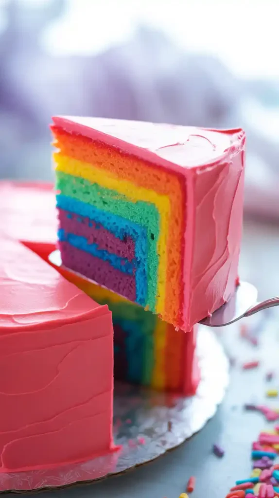"A close-up of a slice of the Trolls cake being served, revealing the surprise rainbow layers inside."