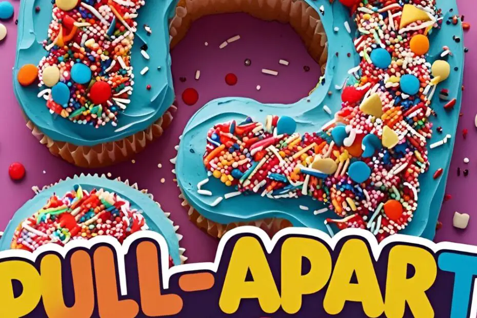 A vertical Pinterest pin showing a colorful pull-apart cupcake cake in the shape of the number five, with a text overlay.