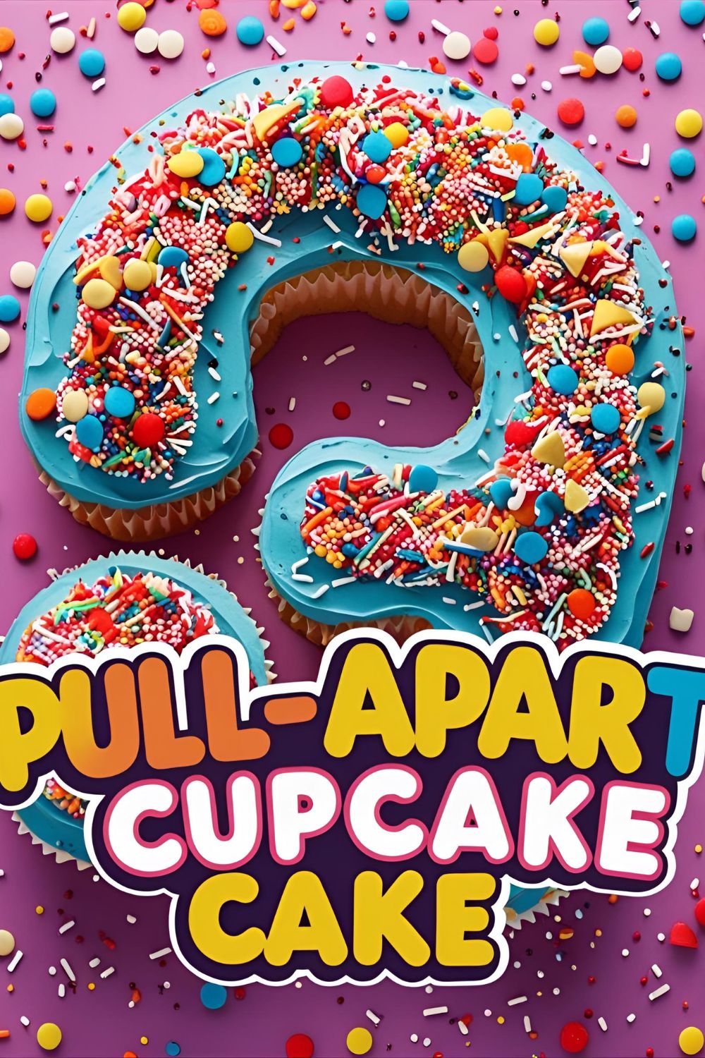 A vertical Pinterest pin showing a colorful pull-apart cupcake cake in the shape of the number five, with a text overlay.