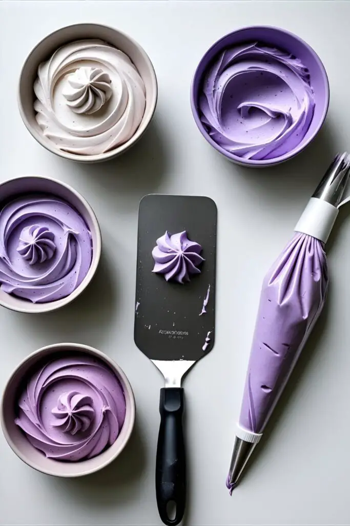 A flat lay collage showing bowls of purple buttercream in different shades, a bench scraper, and other cake decorating tools.