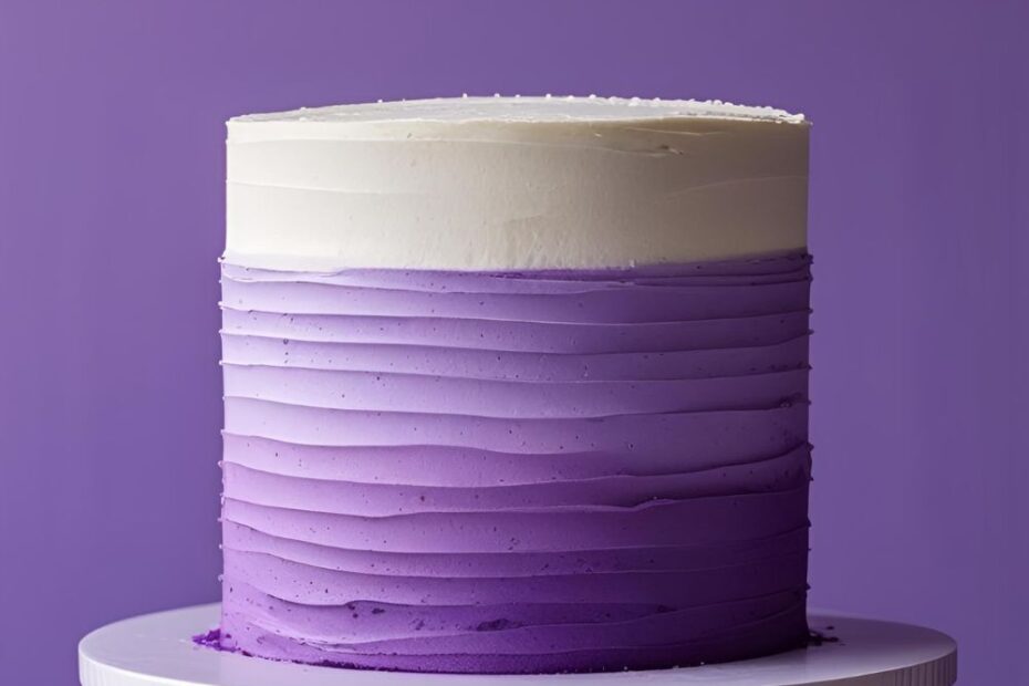 A flat lay collage showing bowls of purple buttercream in different shades, a bench scraper, and other cake decorating tools.