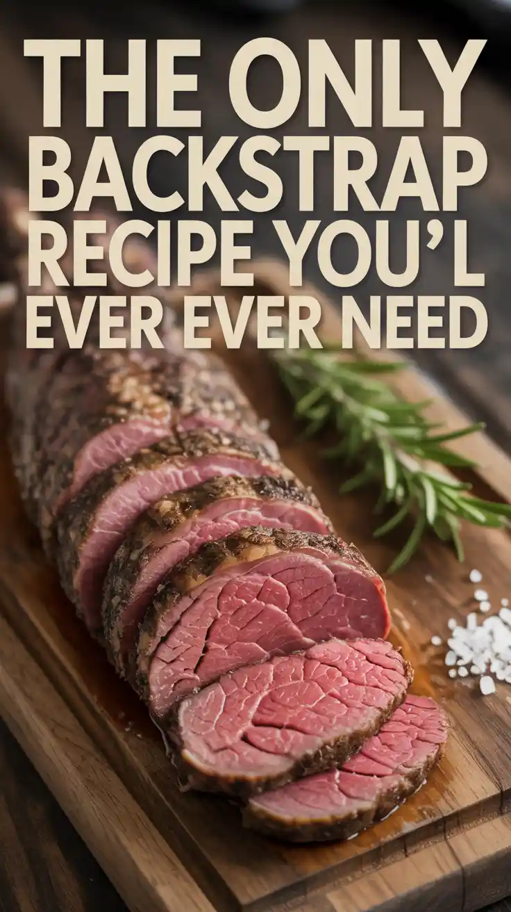 A Pinterest pin with the text "The Only Backstrap Recipe You'll Ever Need" over a photo of a perfectly sliced, medium-rare venison backstrap.