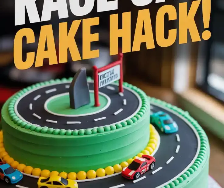 A Pinterest pin with the text "The Easiest Race Car Cake HACK!" over a photo of a fun, racetrack-themed birthday cake.