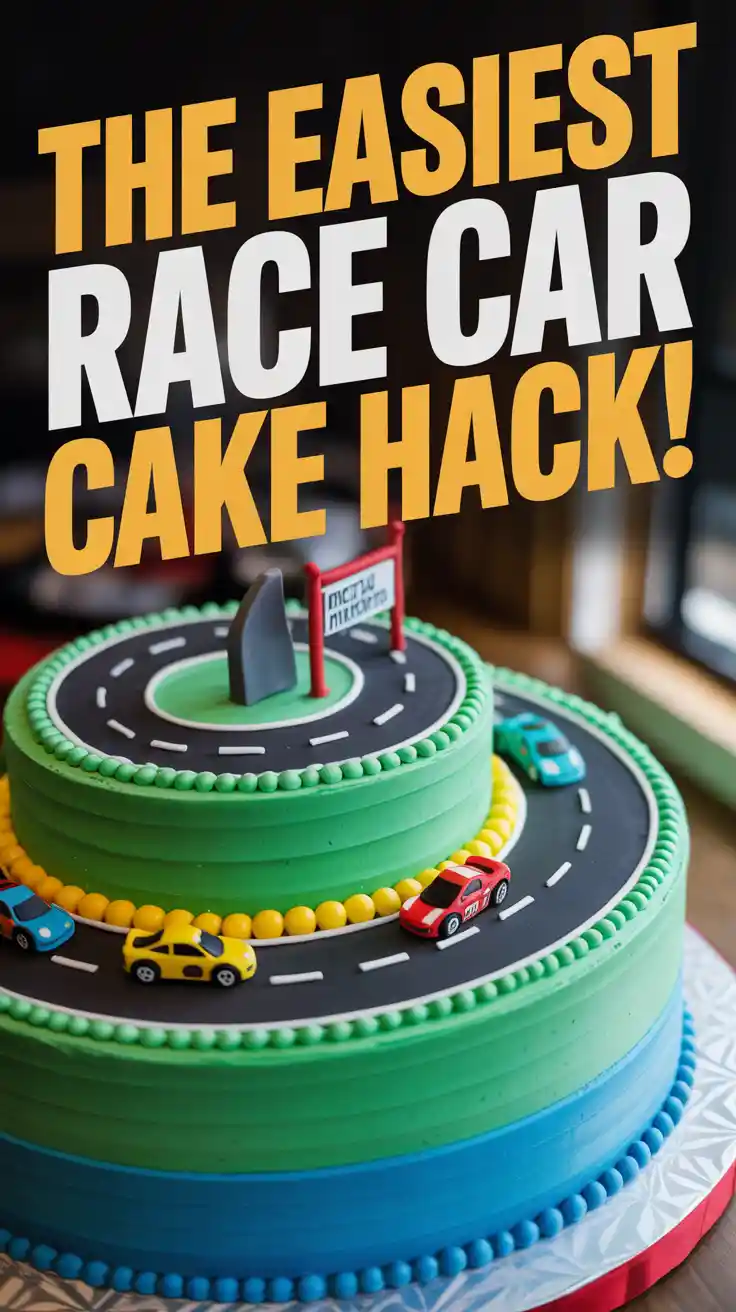 A Pinterest pin with the text "The Easiest Race Car Cake HACK!" over a photo of a fun, racetrack-themed birthday cake.
