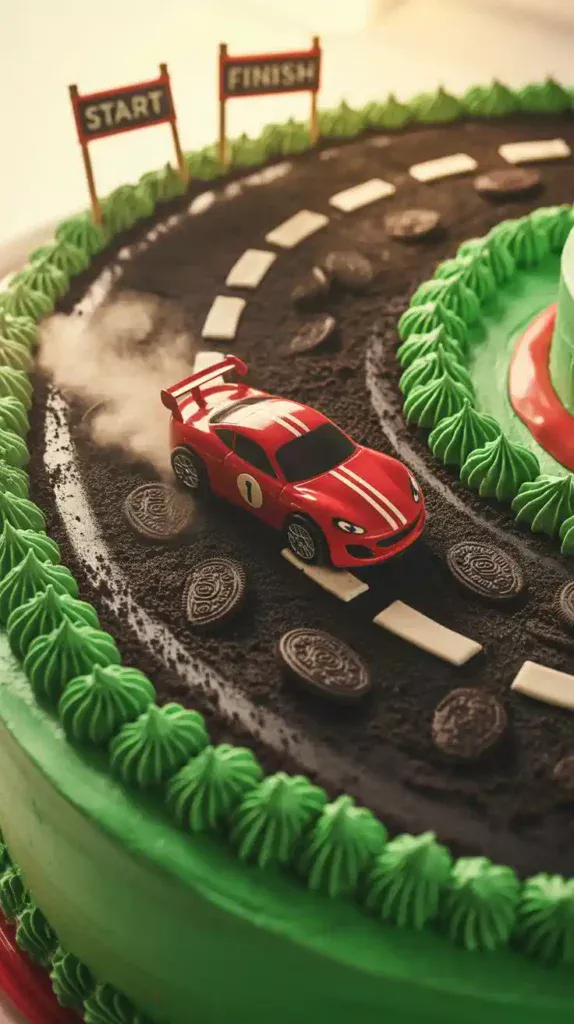 A close-up action shot of a toy race car on the Oreo crumb road of a birthday cake."