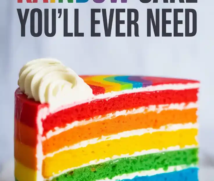 A Pinterest pin with the text "The Only Rainbow Cake Recipe You'll Ever Need" over a photo of a colorful slice of rainbow layer cake.