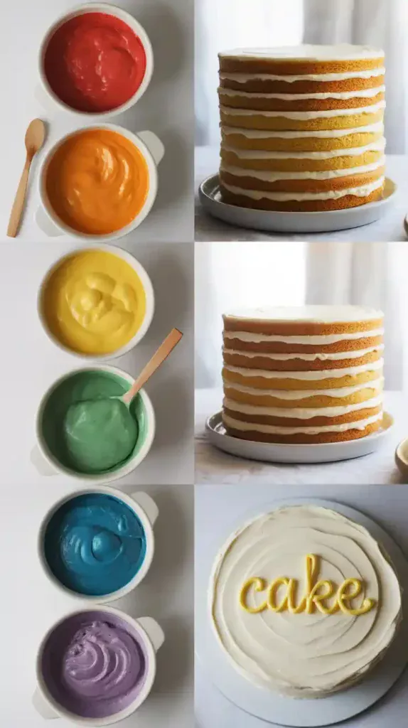 A collage showing the process of making a rainbow cake: the colored batter, the stacked layers, and the final white frosted cake.