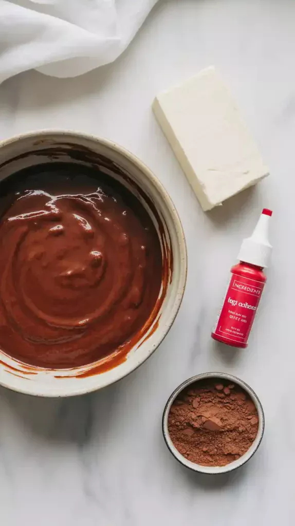 A flat lay collage showing the key ingredients for a red velvet cake: red cake batter, cream cheese, cocoa powder, and red food coloring.