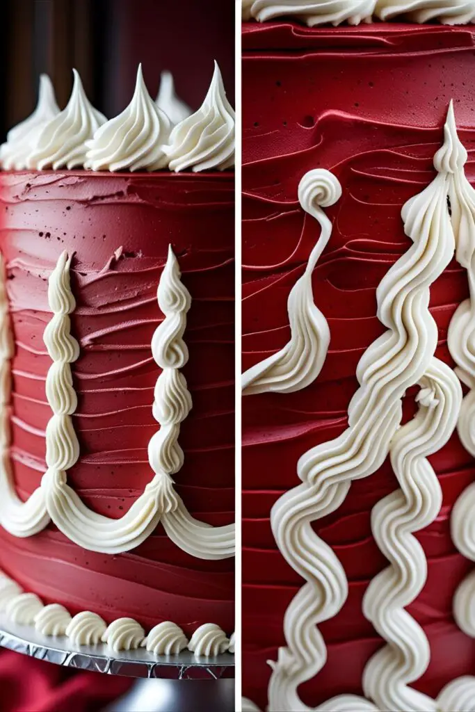A flat-lay collage of ingredients for a red vintage cake, including cake flour, buttermilk, red gel coloring, and cream cheese on a pastel background.