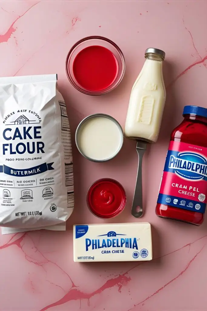 A flat-lay collage of ingredients for a red vintage cake, including cake flour, buttermilk, red gel coloring, and cream cheese on a pastel background.