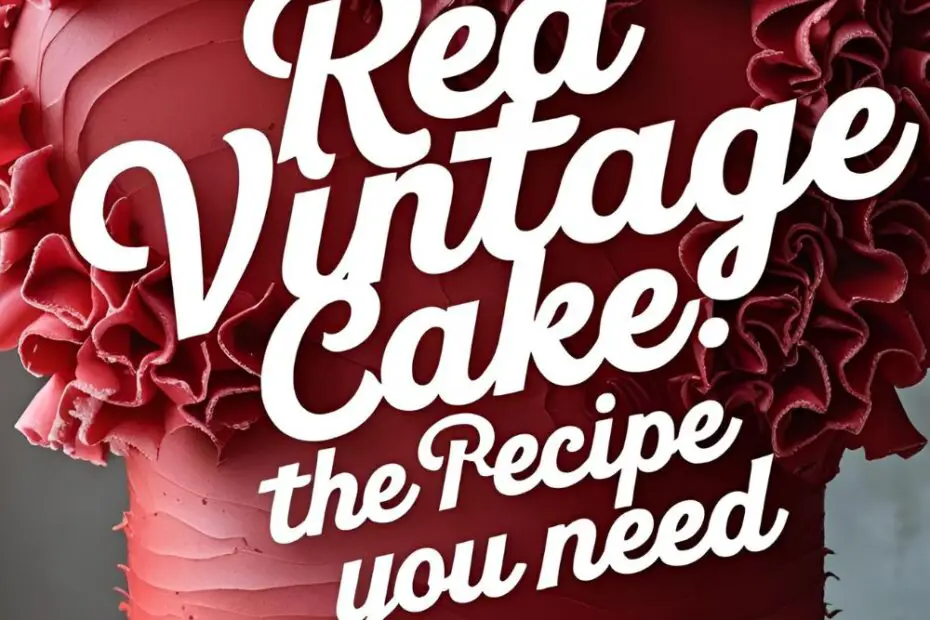 A vertical Pinterest pin showing a frilly red heart-shaped vintage cake with a text overlay that reads: Red Vintage Cake Recipe.