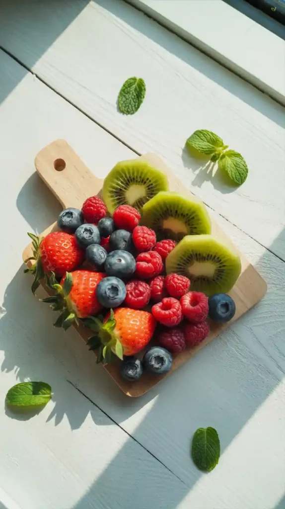 A flat lay collage showing an assortment of beautiful fresh fruits like strawberries, blueberries, and kiwi for a fruit cake.