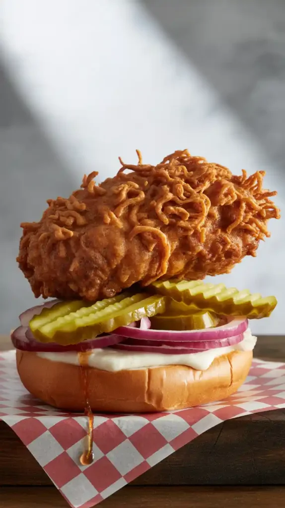 "A close-up of a classic pork tenderloin sandwich, with a large, crispy air-fried fritter, pickles, and onions on a bun."