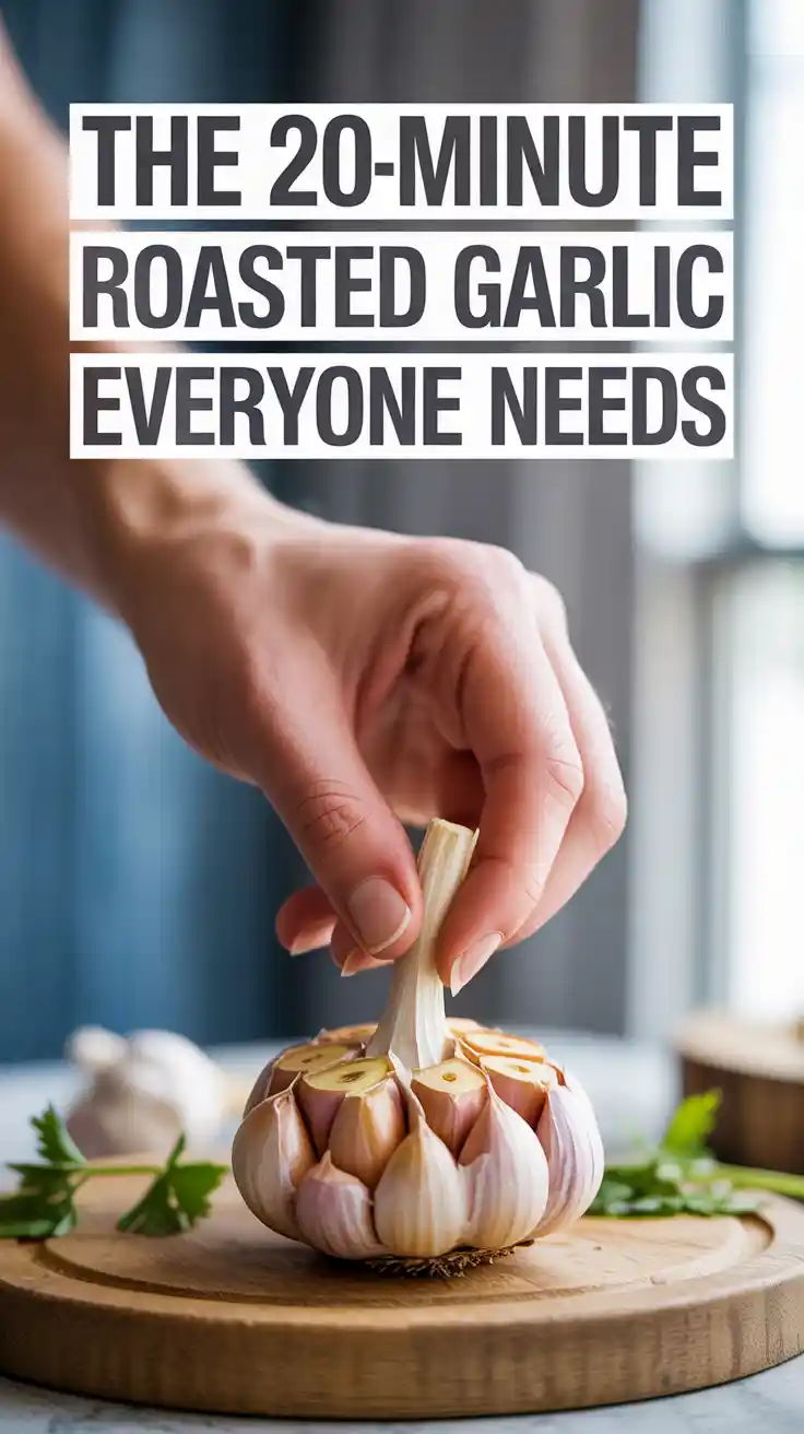 A Pinterest pin with the text "The 20-Minute Roasted Garlic Hack Everyone Needs" over a photo of someone squeezing a head of roasted garlic.
