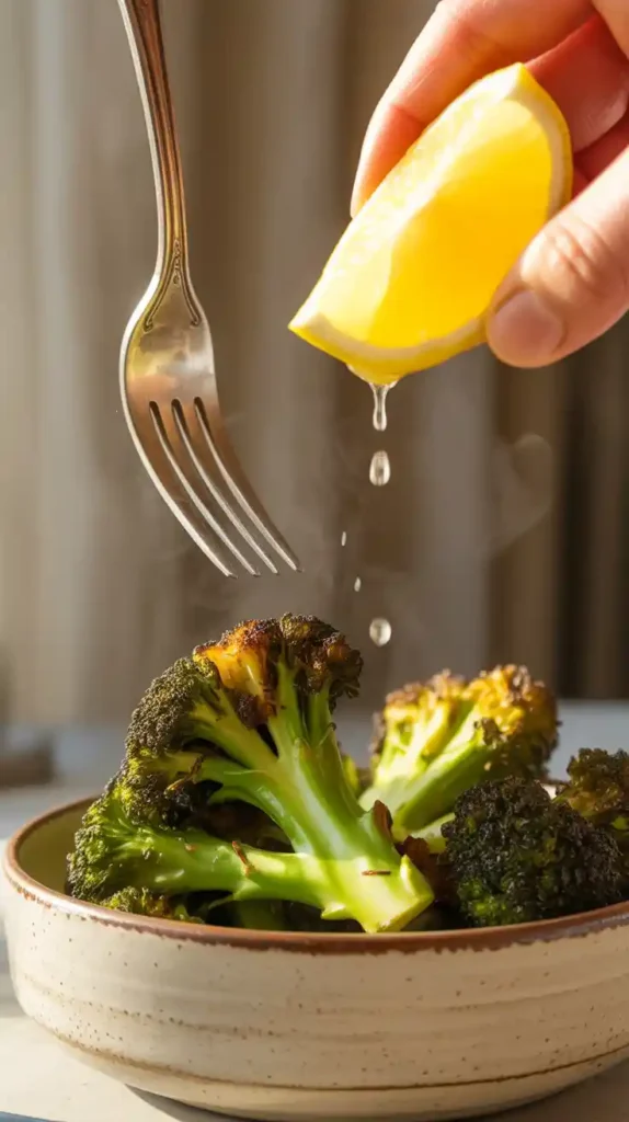 "A close-up of a forkful of crispy, air-fried broccoli, with a lemon wedge squeezing juice in the background."
