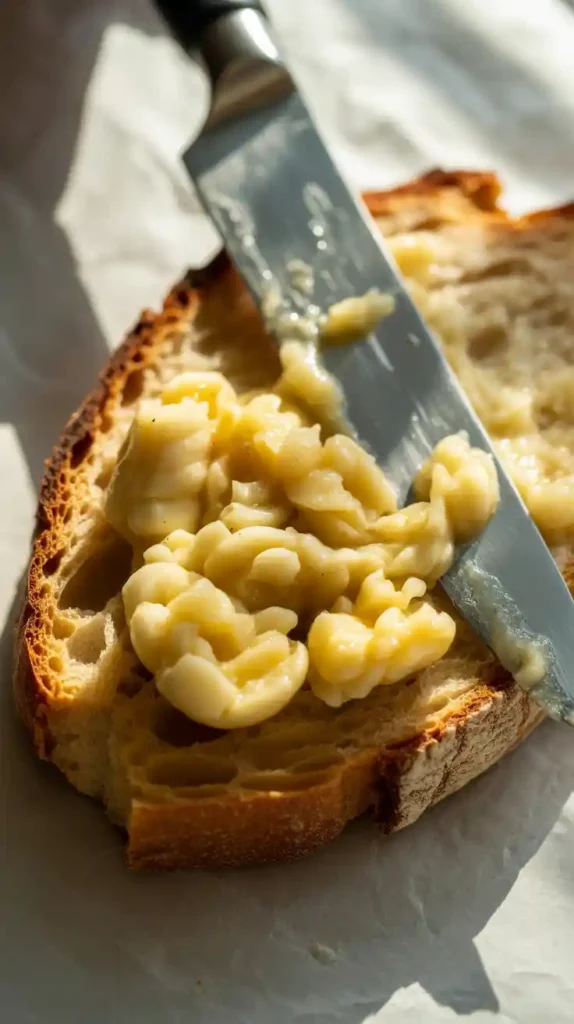 "A freshly roasted head of garlic unwrapped from its foil packet inside an air fryer basket." and "A close-up image of soft, roasted garlic being spread like butter onto a slice of toasted bread."