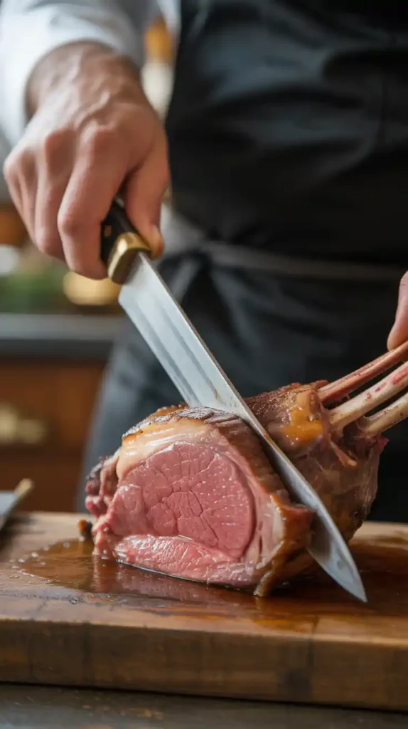 A close-up of a leg of lamb being sliced, revealing a perfect, juicy, pink medium-rare interior."