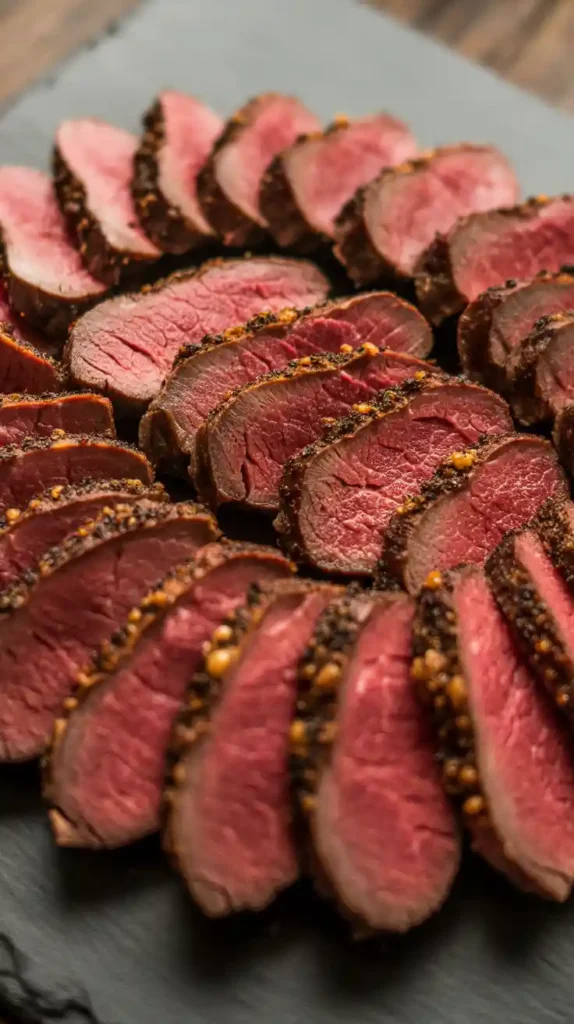 A close-up of a sliced venison backstrap, showing the perfect, juicy, ruby-red medium-rare interior."