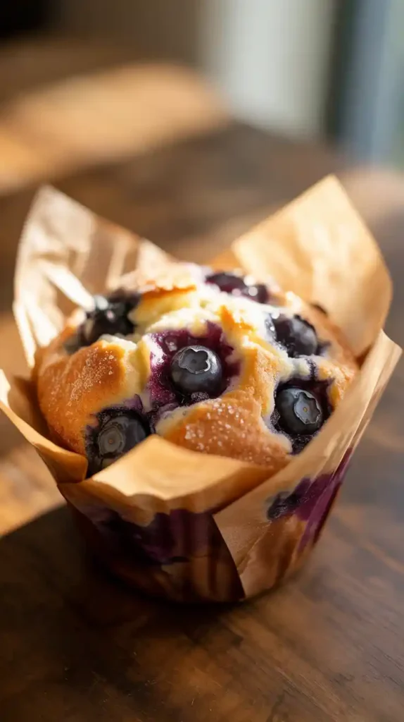 A close-up photo of a golden blueberry muffin baked in a rustic, crinkly DIY parchment paper liner, highlighting the beautiful presentation.