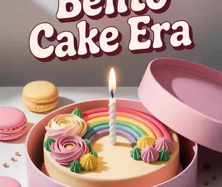 A Pinterest pin with the text "In My Bento Cake Era" over a photo of a cute, pastel-colored bento cake in a takeout box.