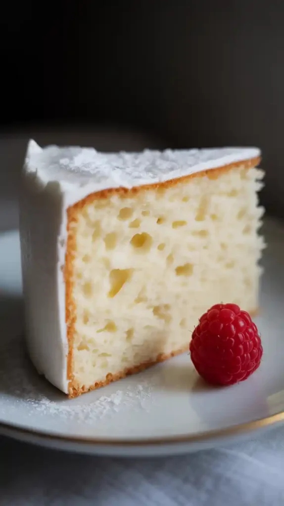 "A close-up of a perfect slice of white cake, showing the incredibly moist, soft, and snowy-white crumb."