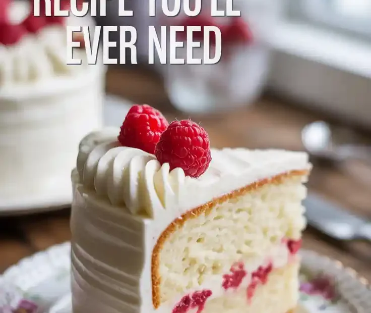 A Pinterest pin with the text "The Only White Cake Recipe You'll Ever Need" over a photo of a slice of fluffy white cake.