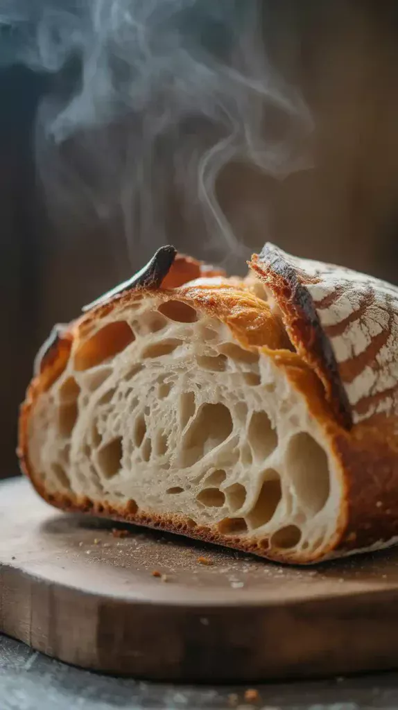 "A close-up of a sliced sourdough loaf, showing the beautiful, open, and airy crumb structure of the interior."
