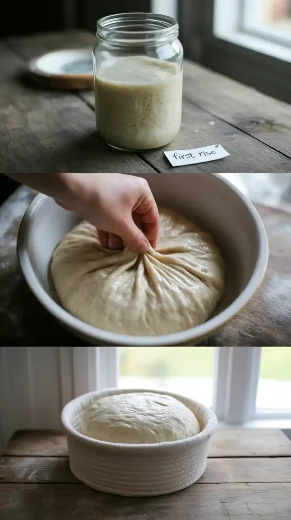 A collage showing the process of making sourdough bread: the active starter, stretching the dough, and the final proof in a banneton basket.