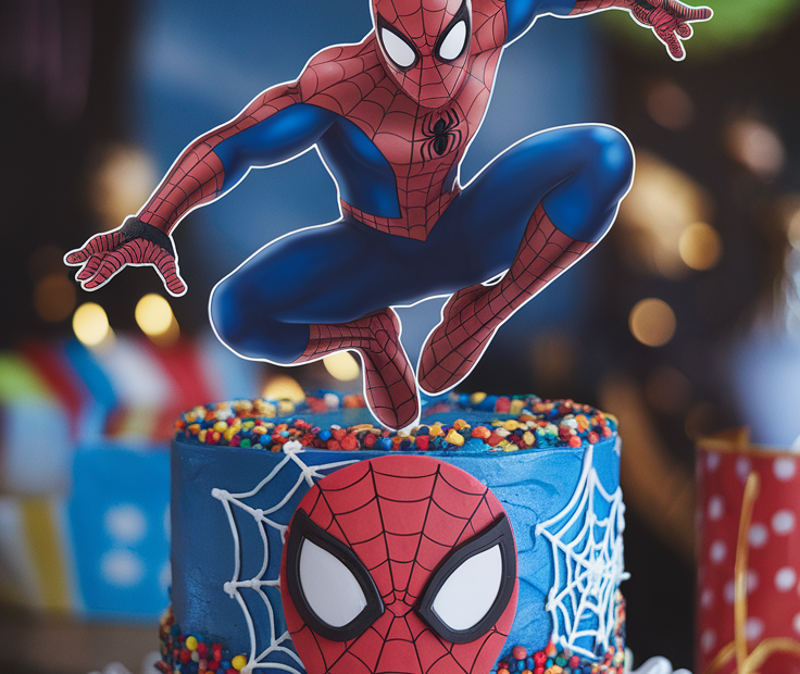 A vibrant birthday cake featuring an easy DIY spiderman cake topper printable, with celebratory text overlay.