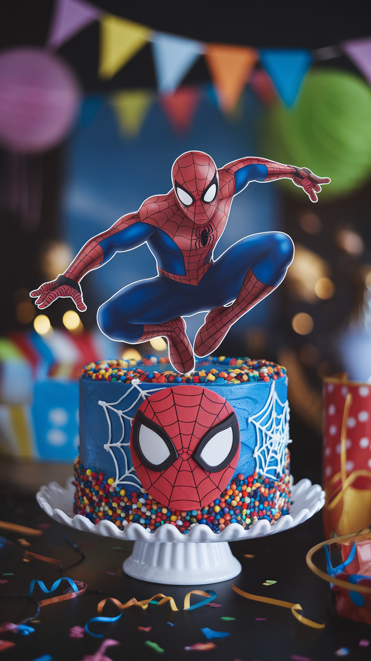 A vibrant birthday cake featuring an easy DIY spiderman cake topper printable, with celebratory text overlay.