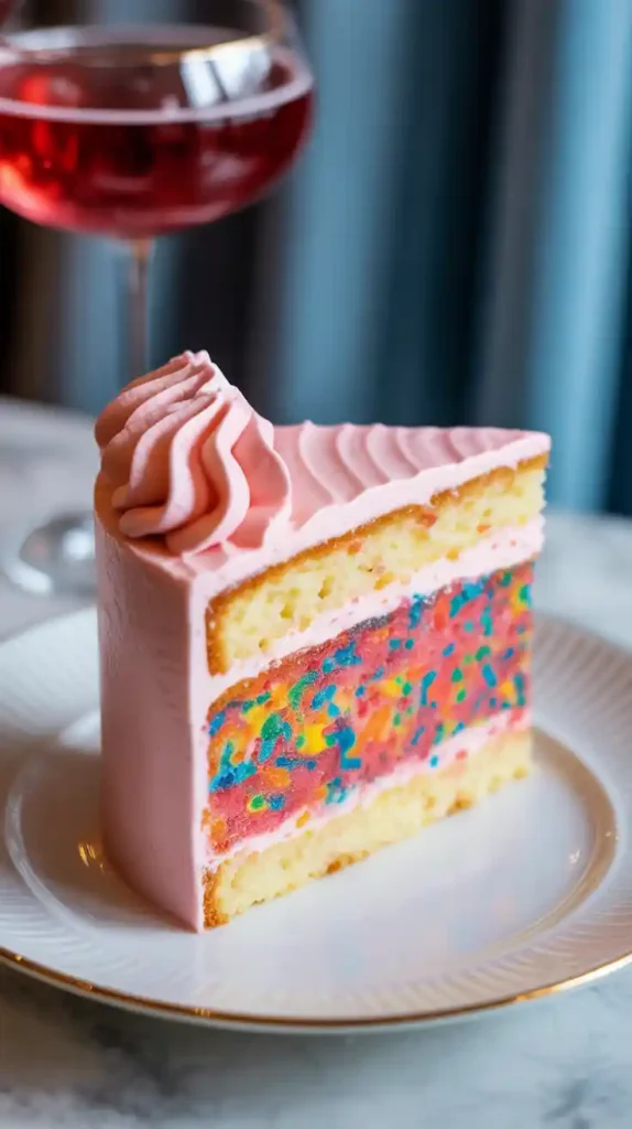 A close-up of a slice of spiked funfetti cake, showing the colorful sprinkle-filled interior, with a cocktail in the background."