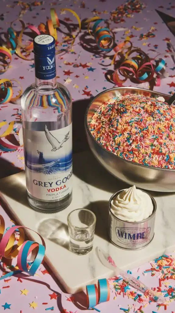 A flat lay collage showing the key ingredients for a spiked funfetti cake: a bottle of vodka and a large bowl of rainbow sprinkles.
