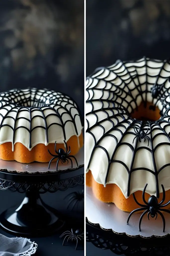 Two different finished Halloween cakes: a spiderweb Bundt cake on a stand and a close-up of a graveyard cake.