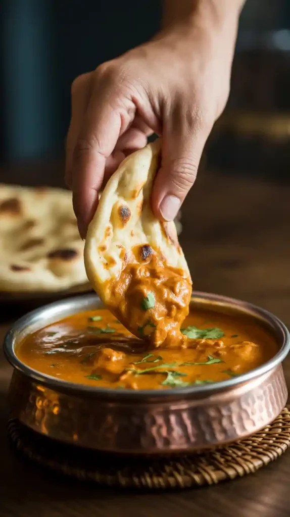 A close-up action shot of a hand dipping a piece of soft garlic naan into a bowl of chicken tikka masala."