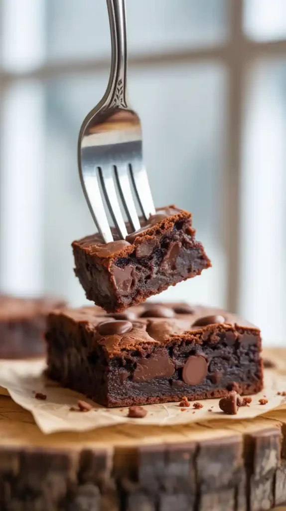 "A close-up macro shot of a single brownie, broken to show the incredibly dense, moist, and fudgy interior."