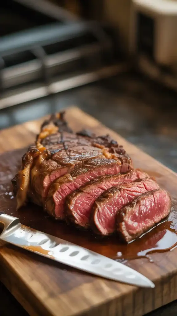 A thick ribeye steak sizzling and developing a crust inside an air fryer toaster oven." and "A close-up shot of a perfectly cooked medium-rare steak, sliced to show its juicy pink center and dark crust."