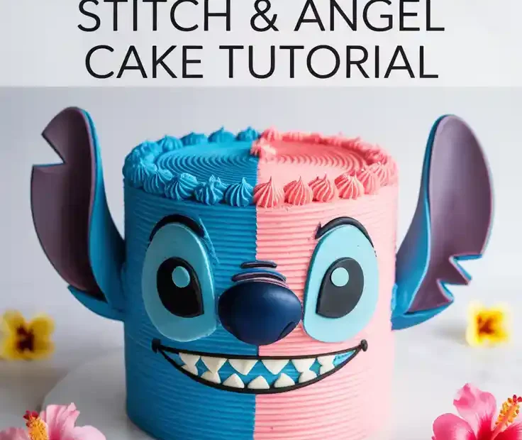 A cute and colorful Stitch and Angel cake with a half-blue and half-pink design, with the text "Stitch & Angel Cake Tutorial" overlaid.