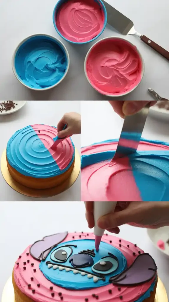 A four-part collage showing the steps to decorate a Stitch and Angel cake, from coloring the frosting to piping the facial details.
