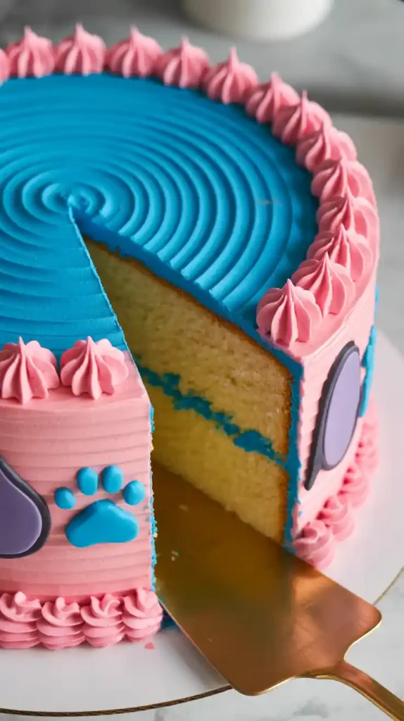A close-up photo of a finished Stitch and Angel cake, focusing on the split-color design and revealing the cake's interior.