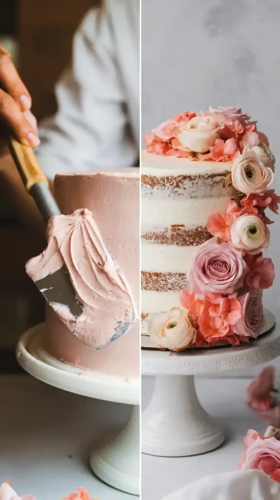 Two images showing the process of frosting a strawberry cake and a finished "naked" strawberry birthday cake.