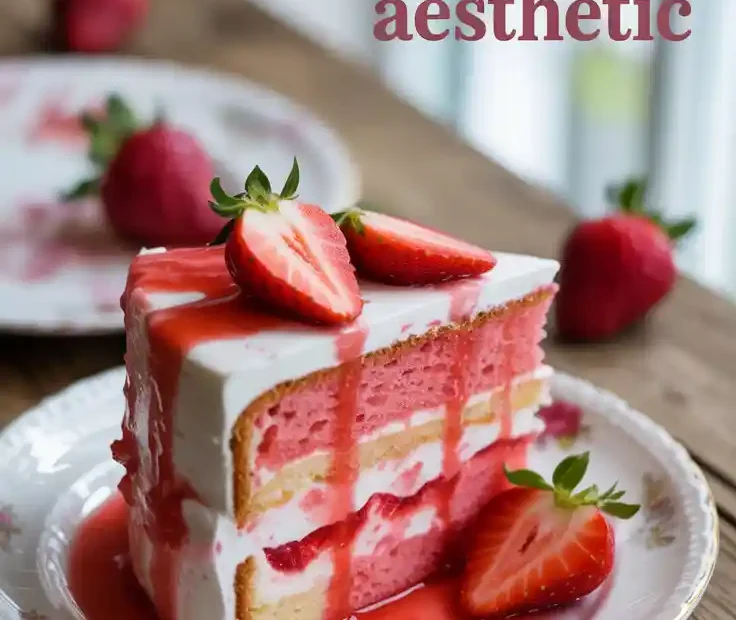 A Pinterest pin with the text "Strawberry Cake Aesthetic" over an image of a slice of pink strawberry cake on a plate.