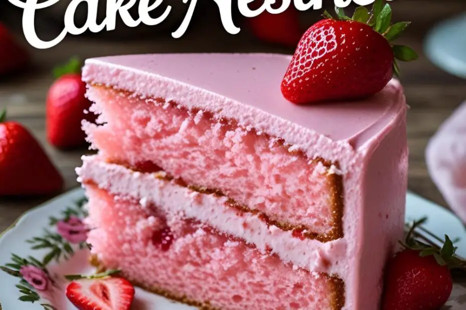 A Pinterest pin with the text "Strawberry Cake Aesthetic" over an image of a slice of pink strawberry cake on a plate.