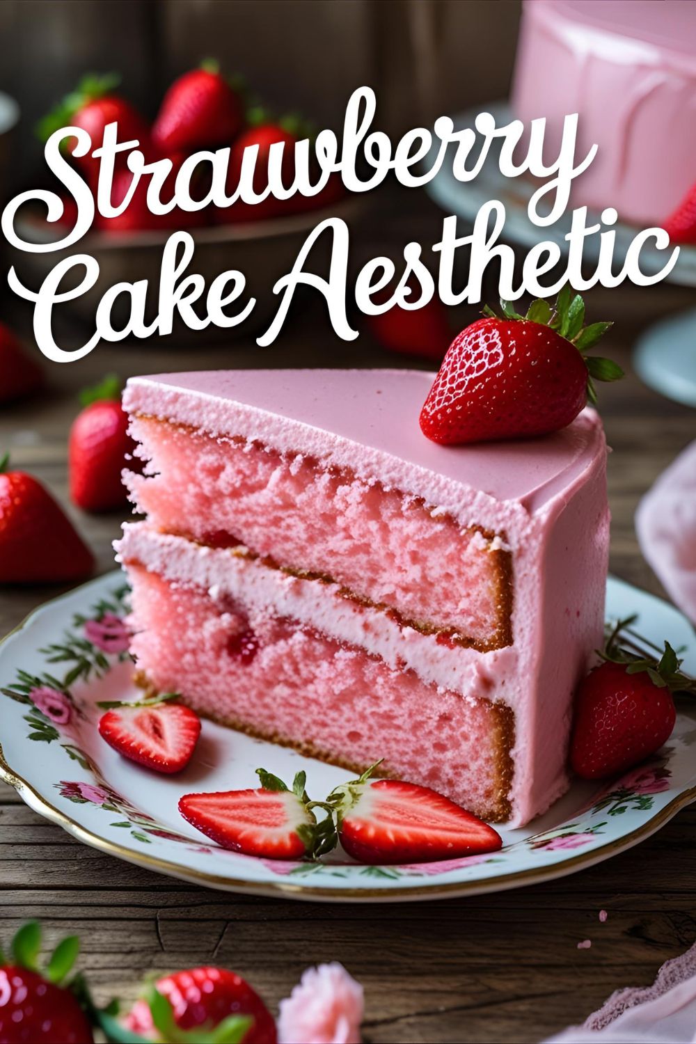 A Pinterest pin with the text "Strawberry Cake Aesthetic" over an image of a slice of pink strawberry cake on a plate.