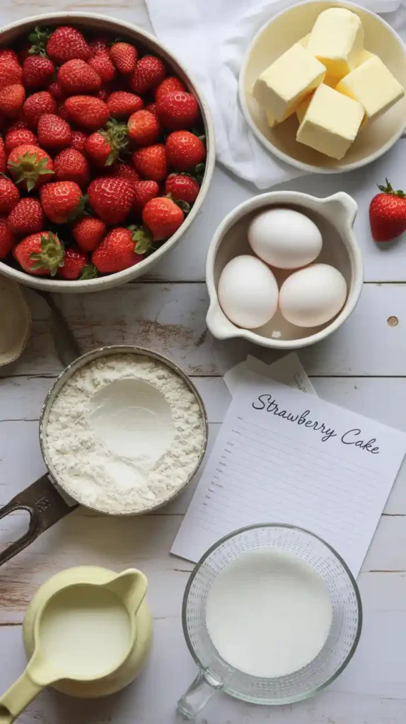 A flat lay collage of ingredients for a strawberry cake, including strawberries, flour, sugar, butter, and egg