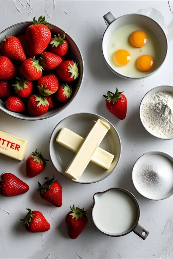 A flat lay collage of ingredients for a strawberry cake, including strawberries, flour, sugar, butter, and eggs.