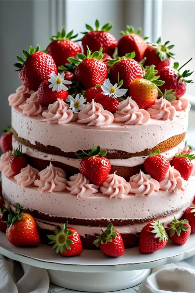 A full two-layer strawberry cake with pink frosting and fresh berries on a cake stand.